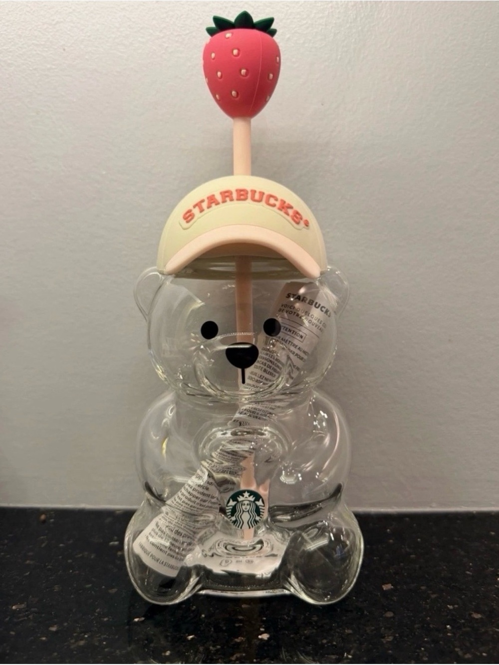 Starbucks Clear Bear Bottle with Pink Straw and Strawberry Top